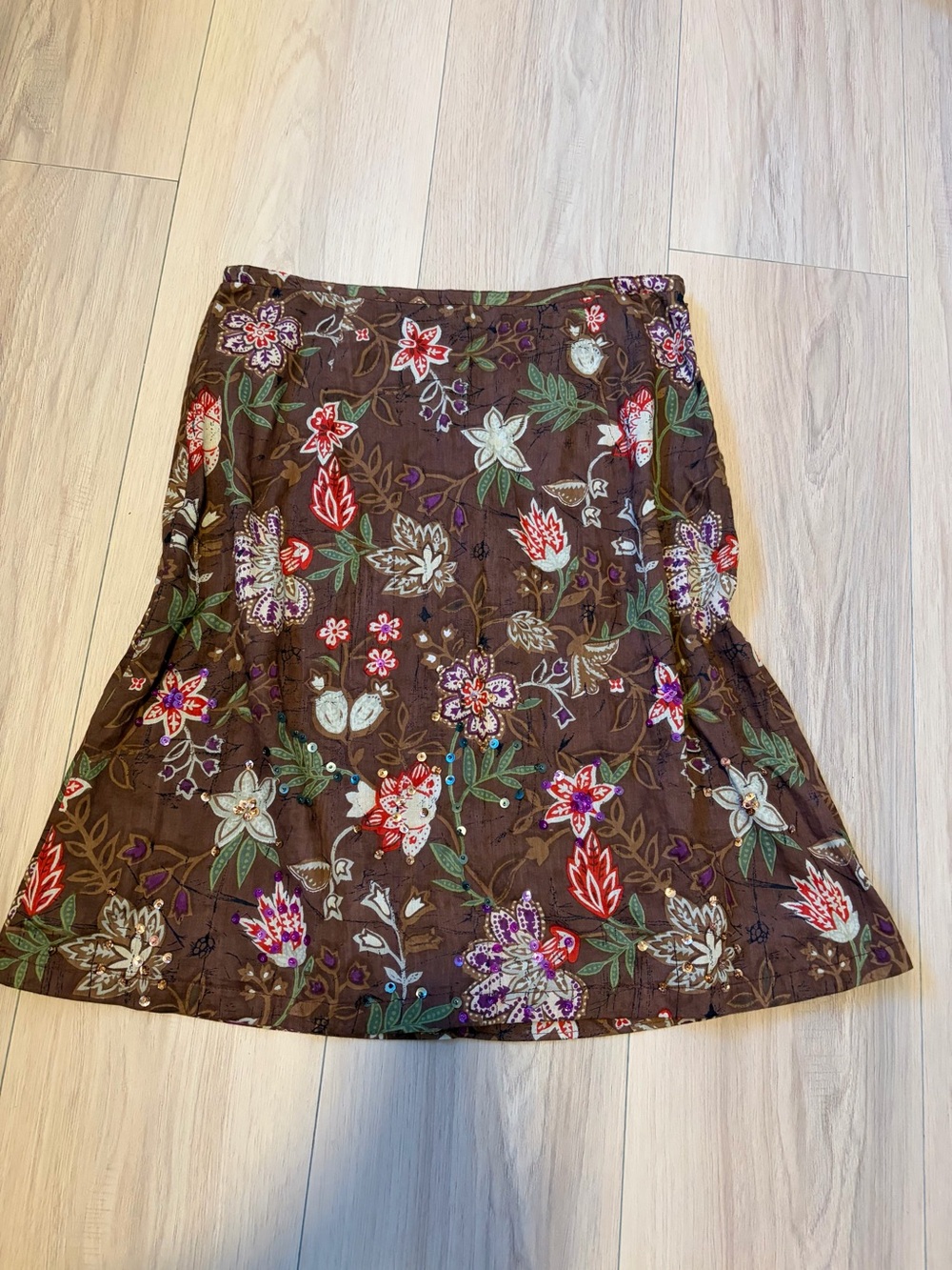 brown floral embroidered midi skirt